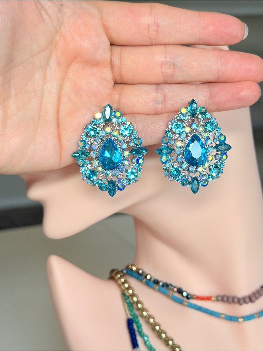 Crystal Teardrop Cluster Earrings in Aqua Blue - Picture 9 of 10
